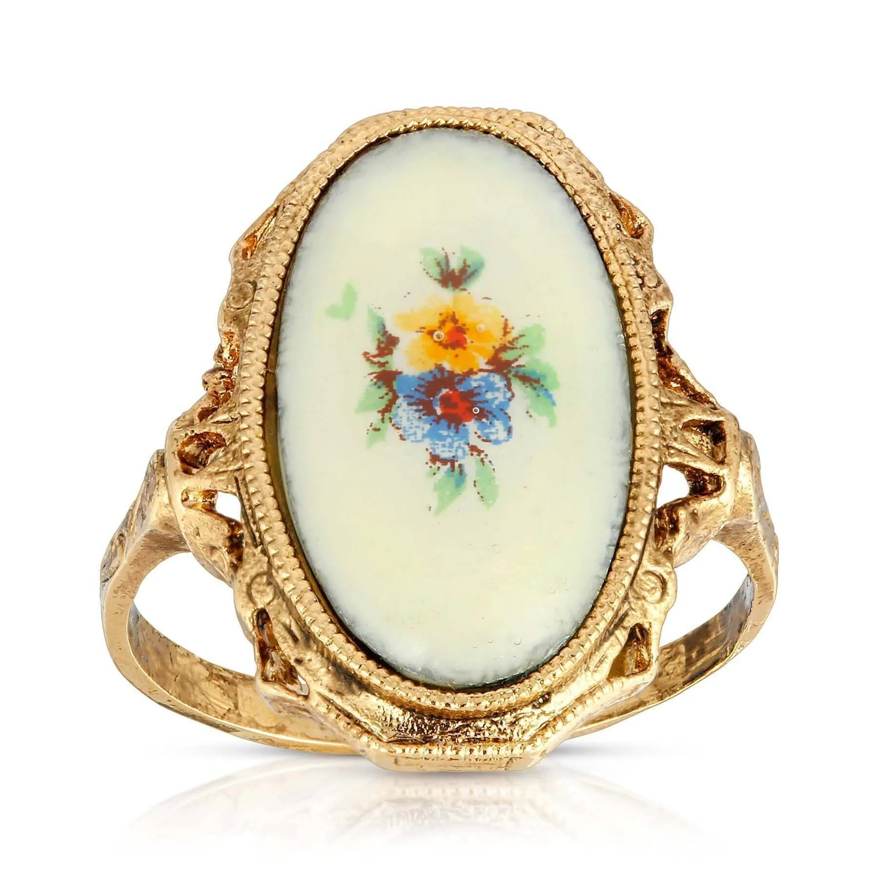 1928 Jewelry Ivory Enamel Blue & Yellow Flower Ring