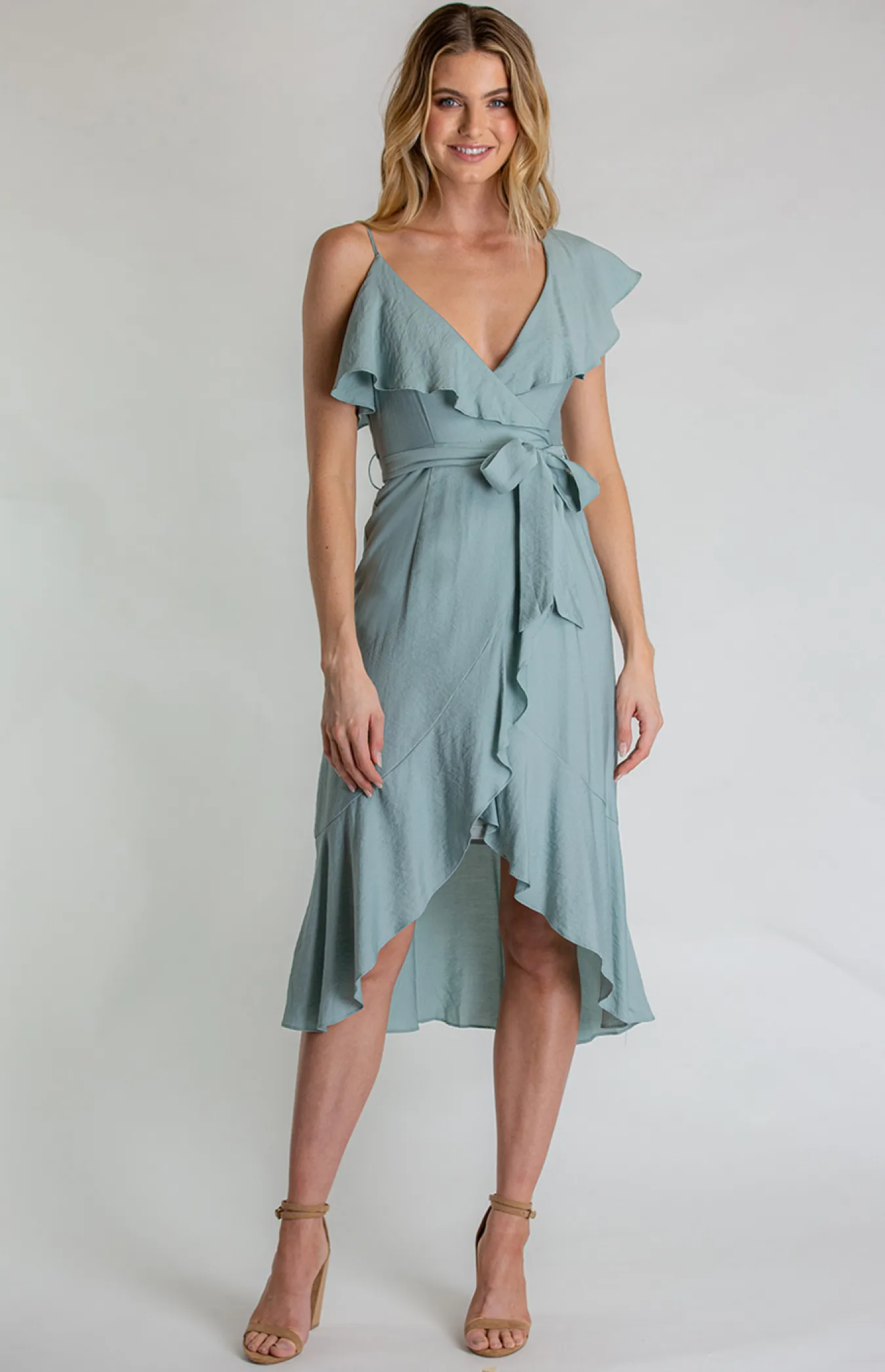 Asymmetrical Neckline Dress with Frill Hem (SDR606A) 