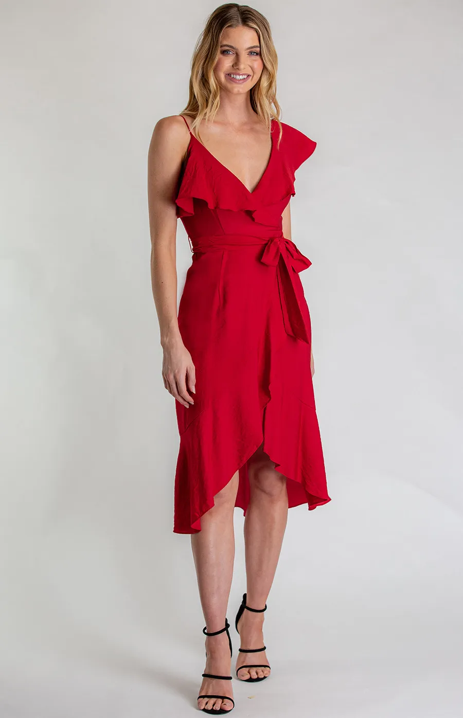 Asymmetrical Neckline Dress with Frill Hem (SDR606A) 