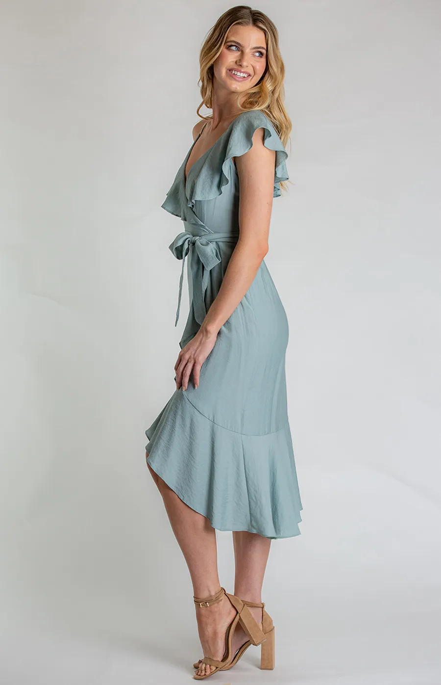 Asymmetrical Neckline Dress with Frill Hem (SDR606A) 