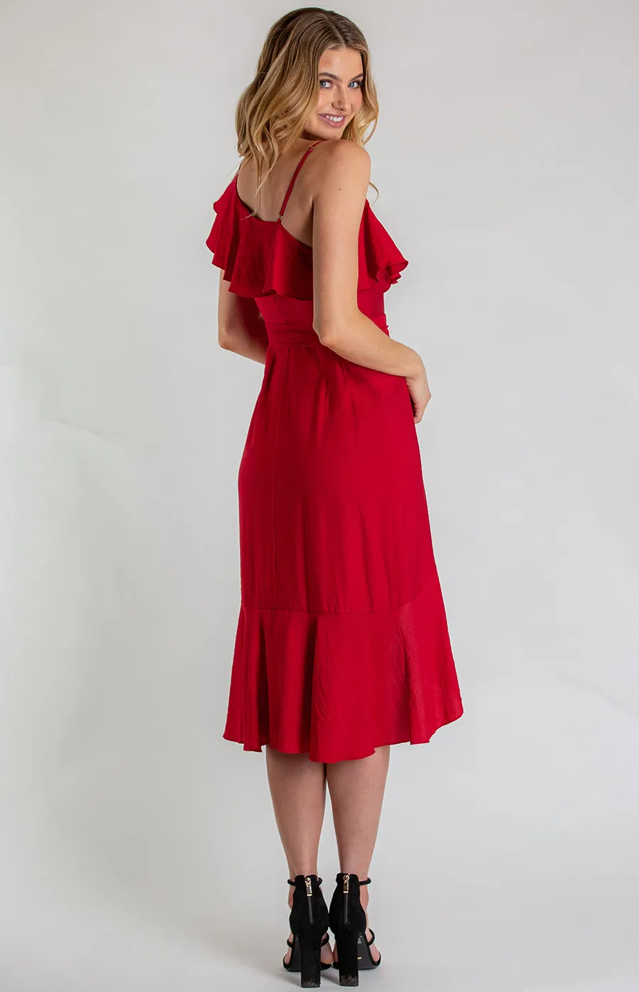 Asymmetrical Neckline Dress with Frill Hem (SDR606A) 