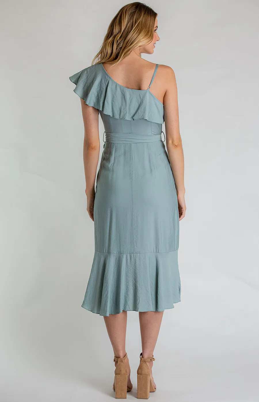 Asymmetrical Neckline Dress with Frill Hem (SDR606A) 