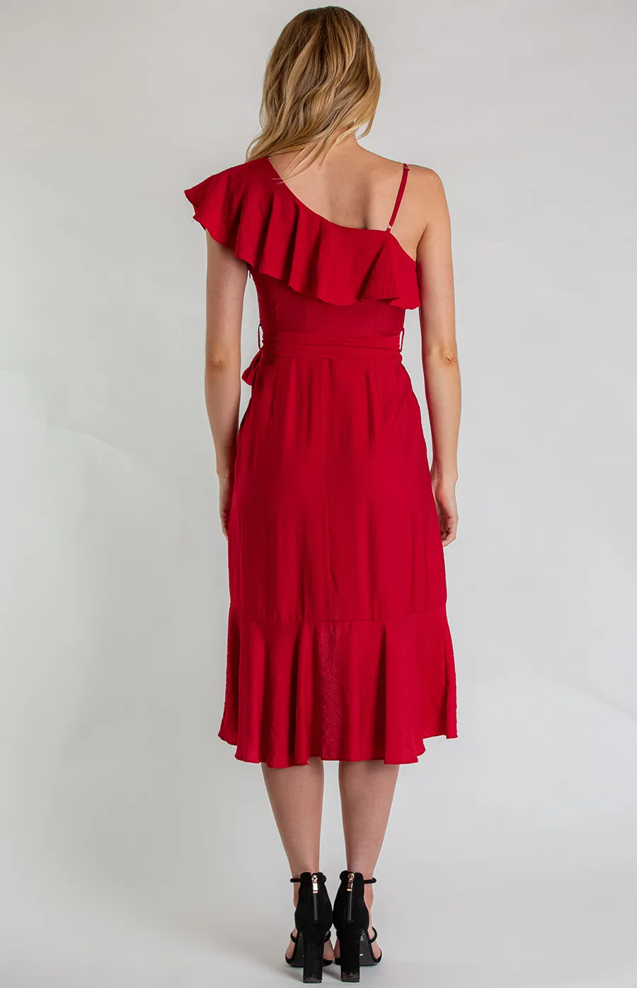 Asymmetrical Neckline Dress with Frill Hem (SDR606A) 