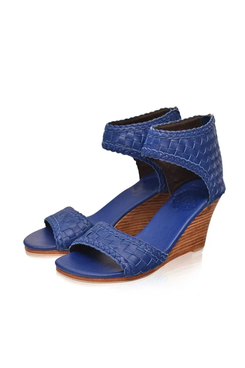 Athena Leather Wedges in Royal Blue