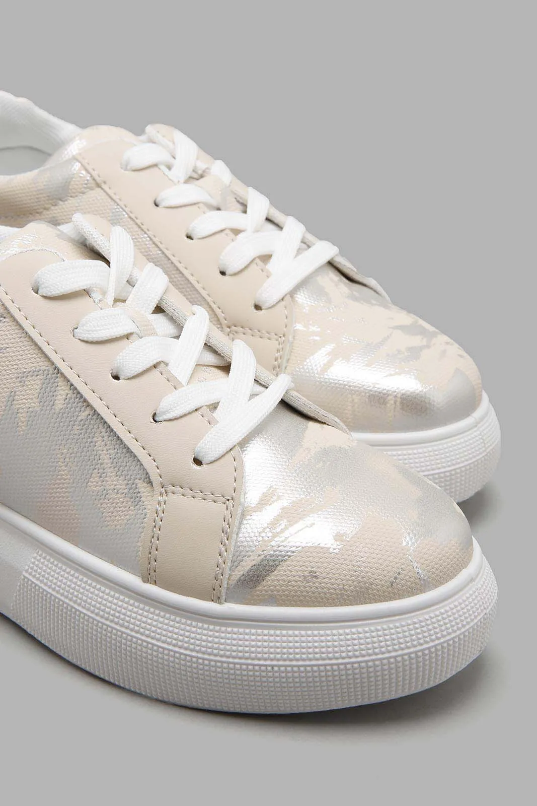 Beige Printed Lace Up Sneaker