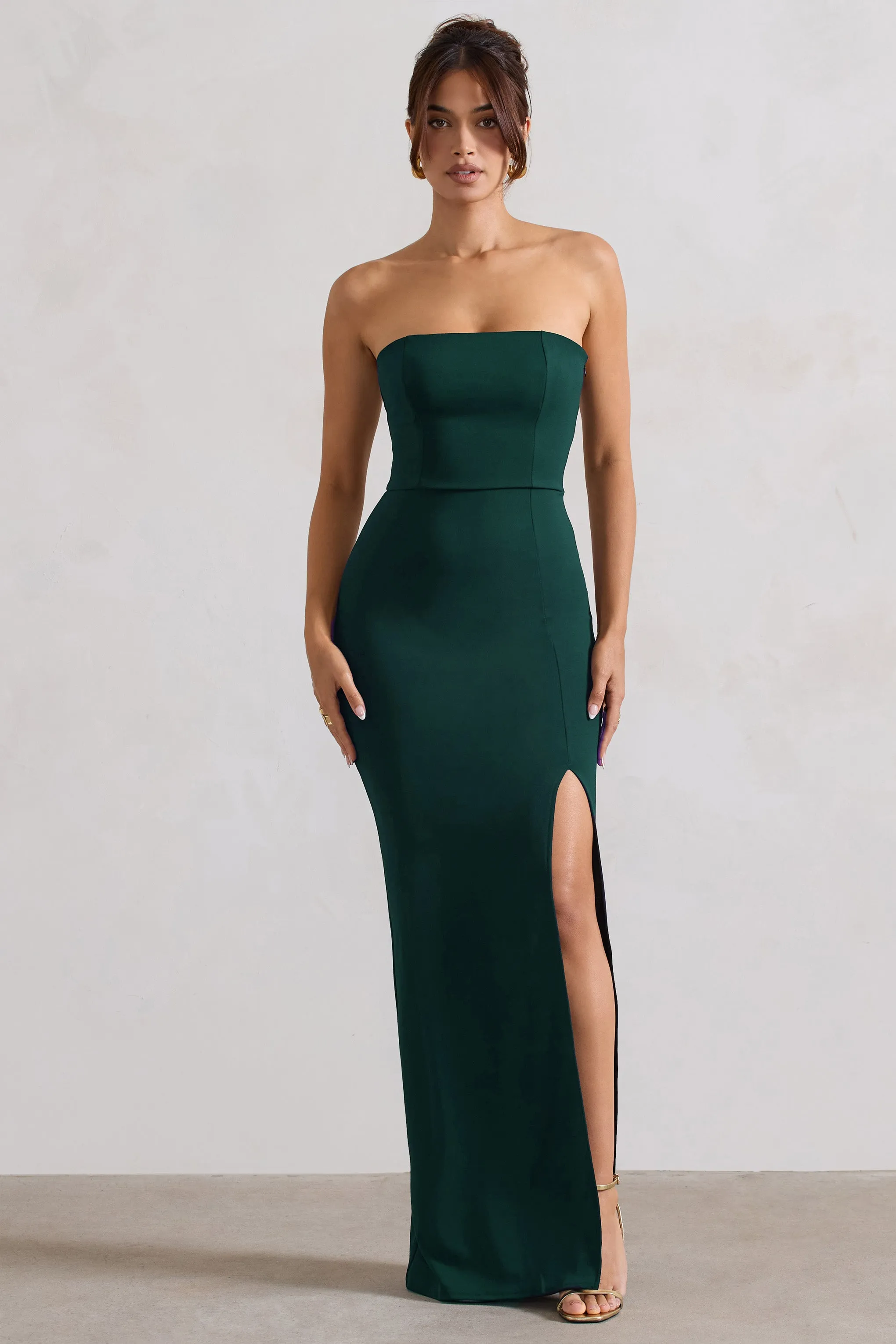 Belle of The Ball | Bottle Green Bandeau Maxi Dress With Split Hem