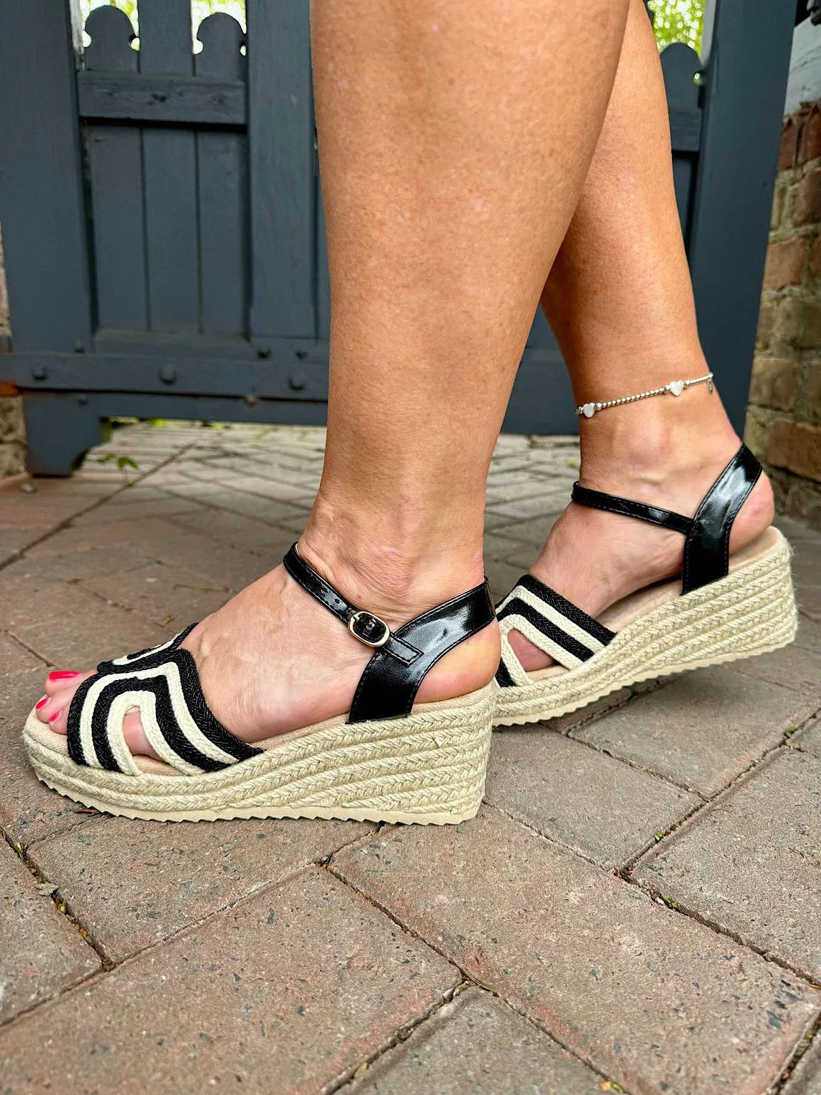 Black Patterned Weave Espadrille Wedge