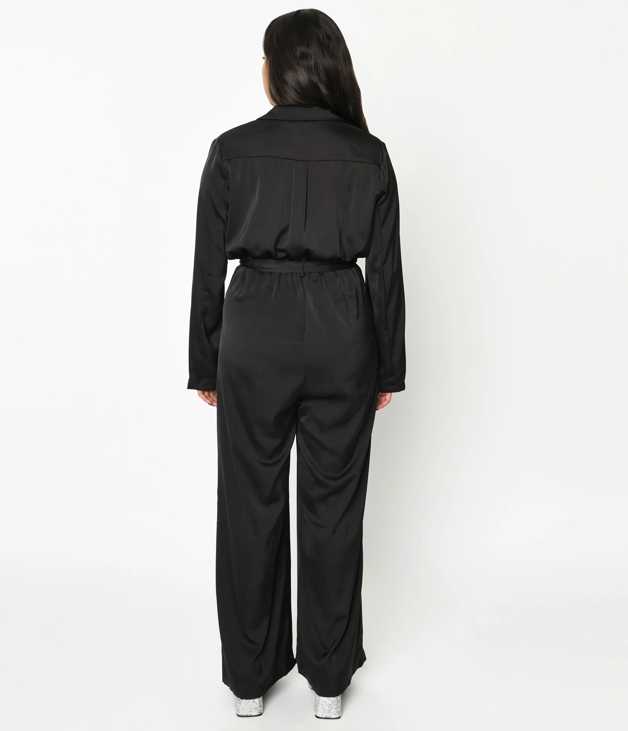 Black Satin Tie Waist Jumpsuit