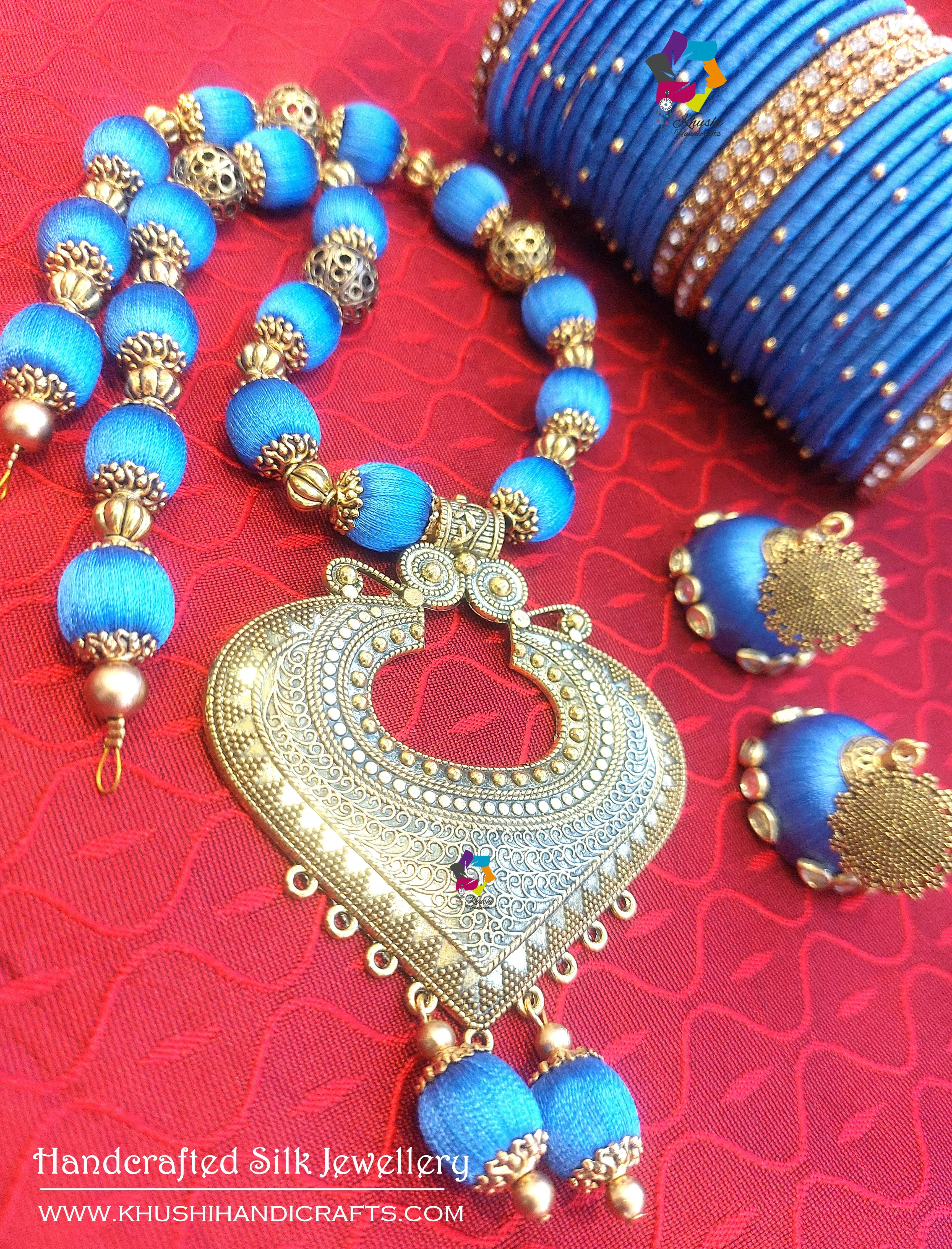 Blue Silk Thread Necklace set with lovely set of Bangles