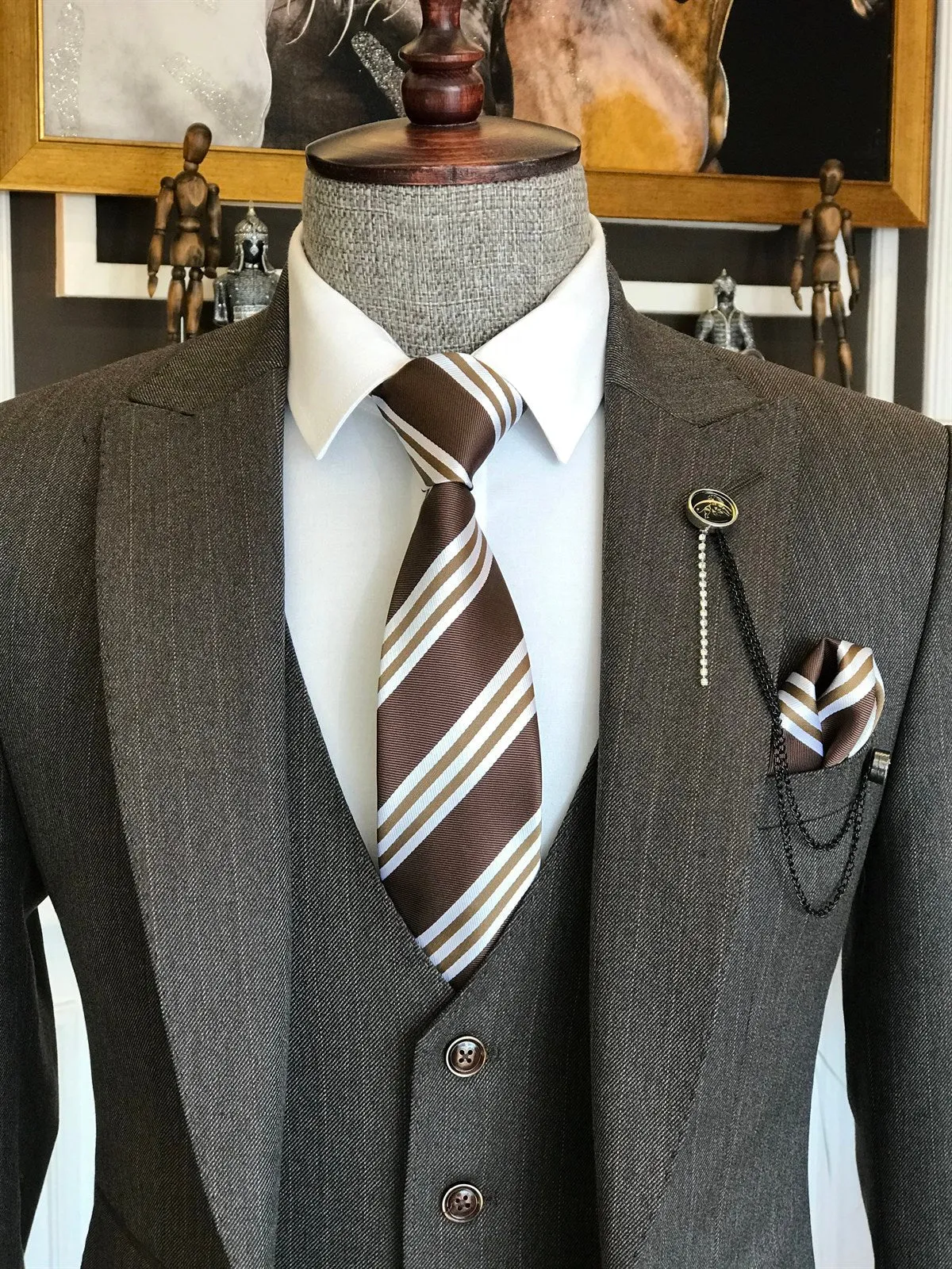 Bojoni Brown Striped Slim-Fit Suit 3-Piece