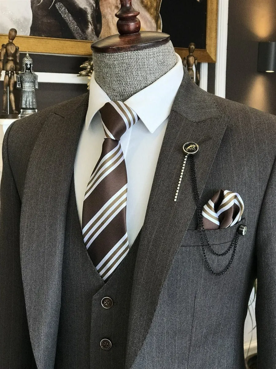 Bojoni Brown Striped Slim-Fit Suit 3-Piece