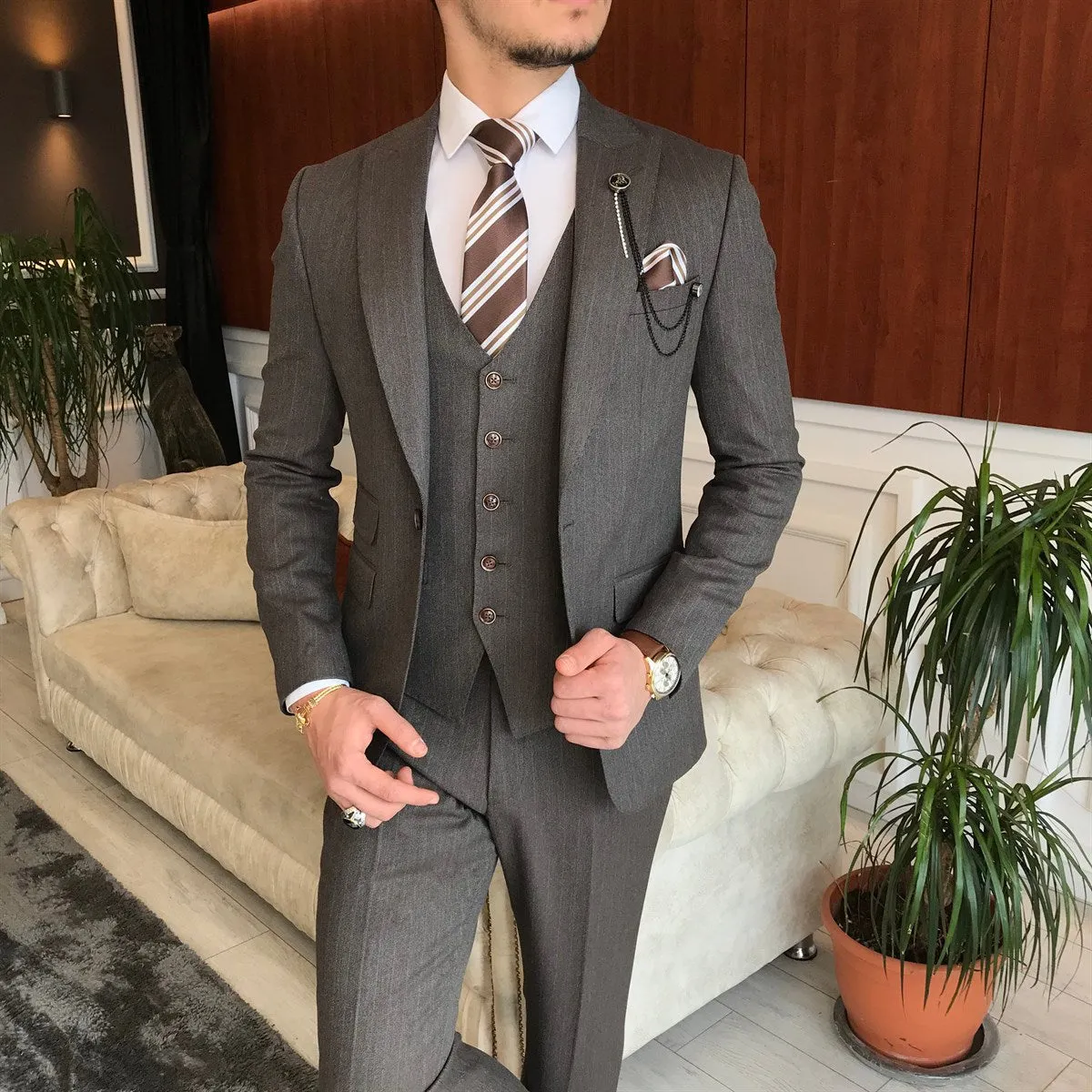 Bojoni Brown Striped Slim-Fit Suit 3-Piece