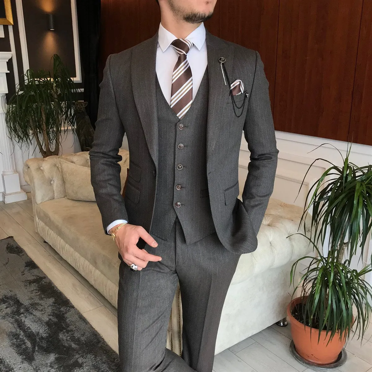 Bojoni Brown Striped Slim-Fit Suit 3-Piece