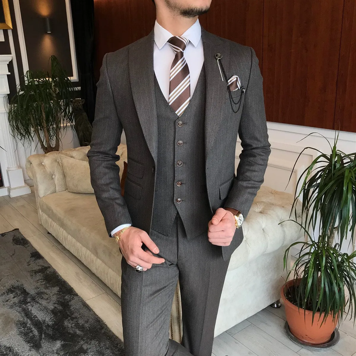 Bojoni Brown Striped Slim-Fit Suit 3-Piece