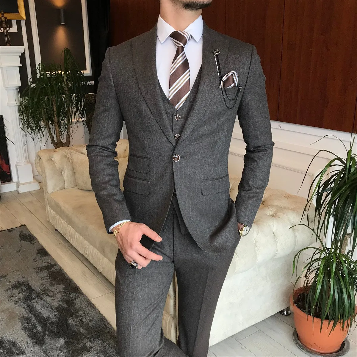 Bojoni Brown Striped Slim-Fit Suit 3-Piece