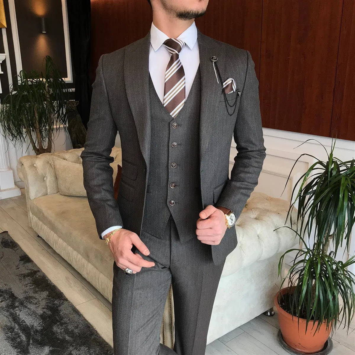 Bojoni Brown Striped Slim-Fit Suit 3-Piece