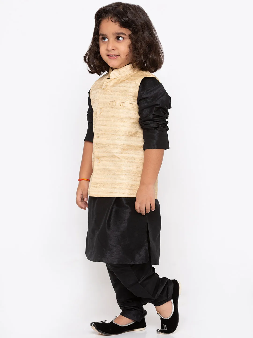 Boys' White Cotton Silk Kurta, Jacket and Pyjama Set