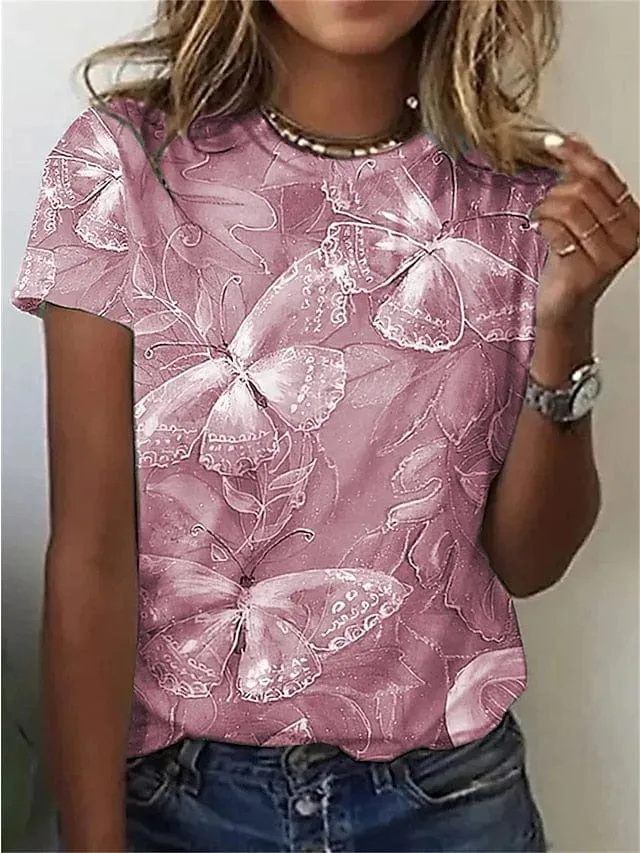 Butterfly Print Women's T-shirt with Short Sleeves and Round Neck