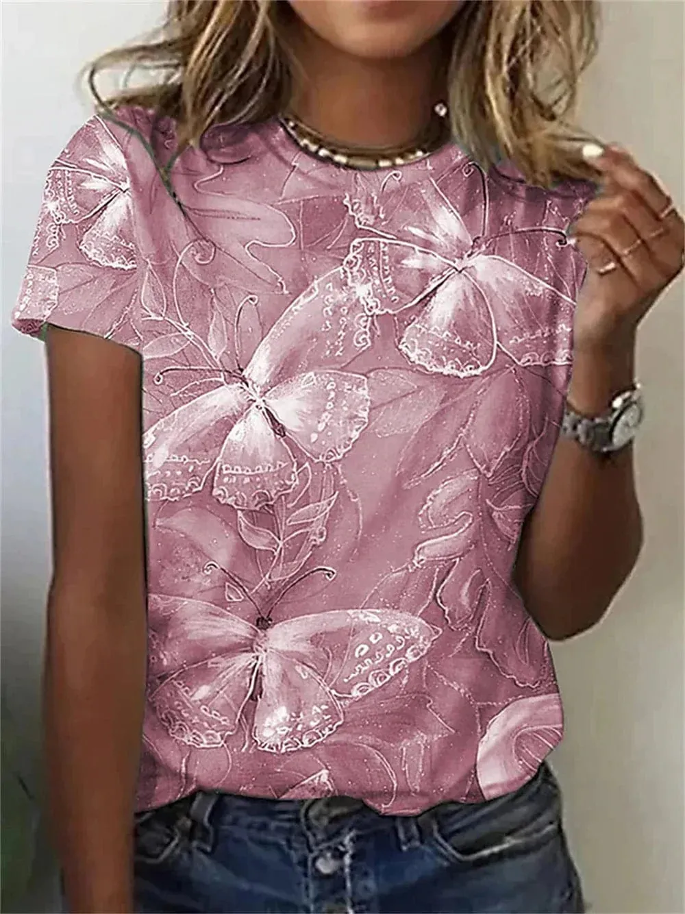 Butterfly Print Women's T-shirt with Short Sleeves and Round Neck