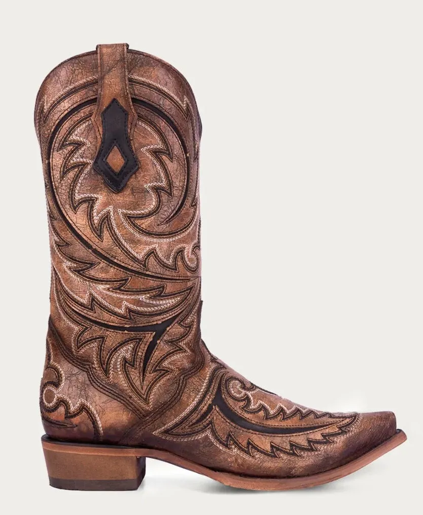 Corral Men's Brown and Black Embroidered Inlay Snip Toe Western Boot