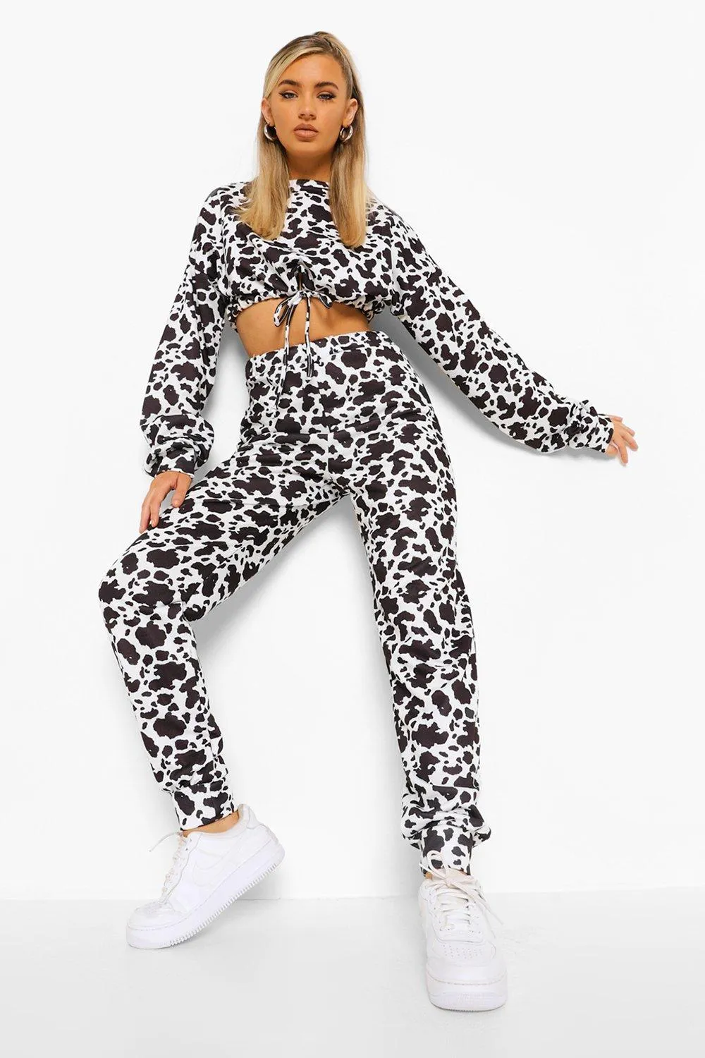 Cow Print Cropped Sweater Tracksuit