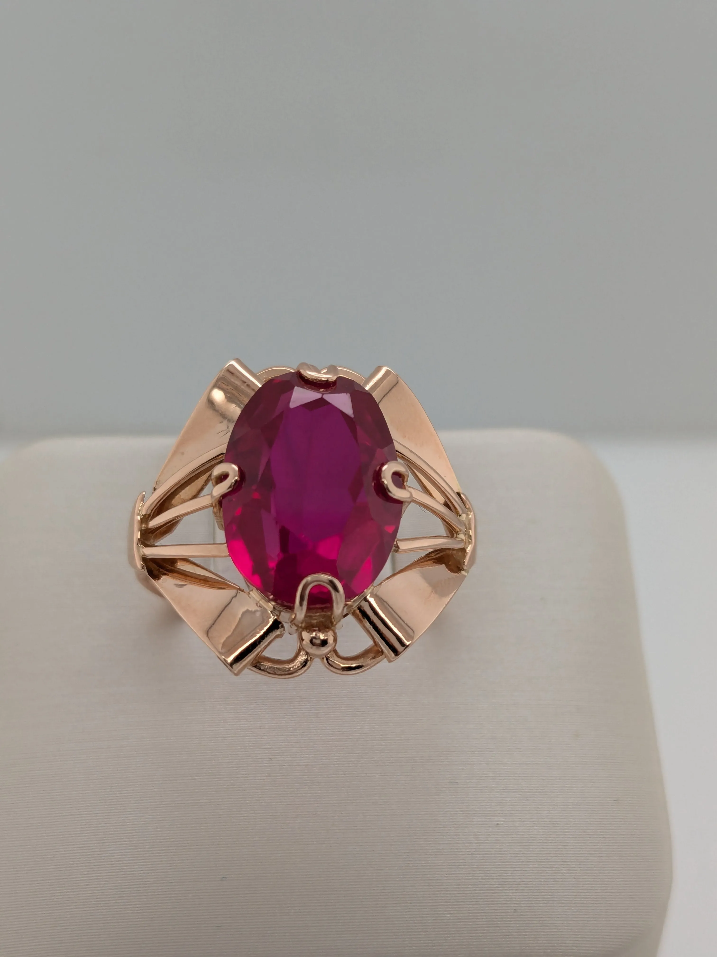 Created Ruby Cocktail Ring-Soviet Jewelry