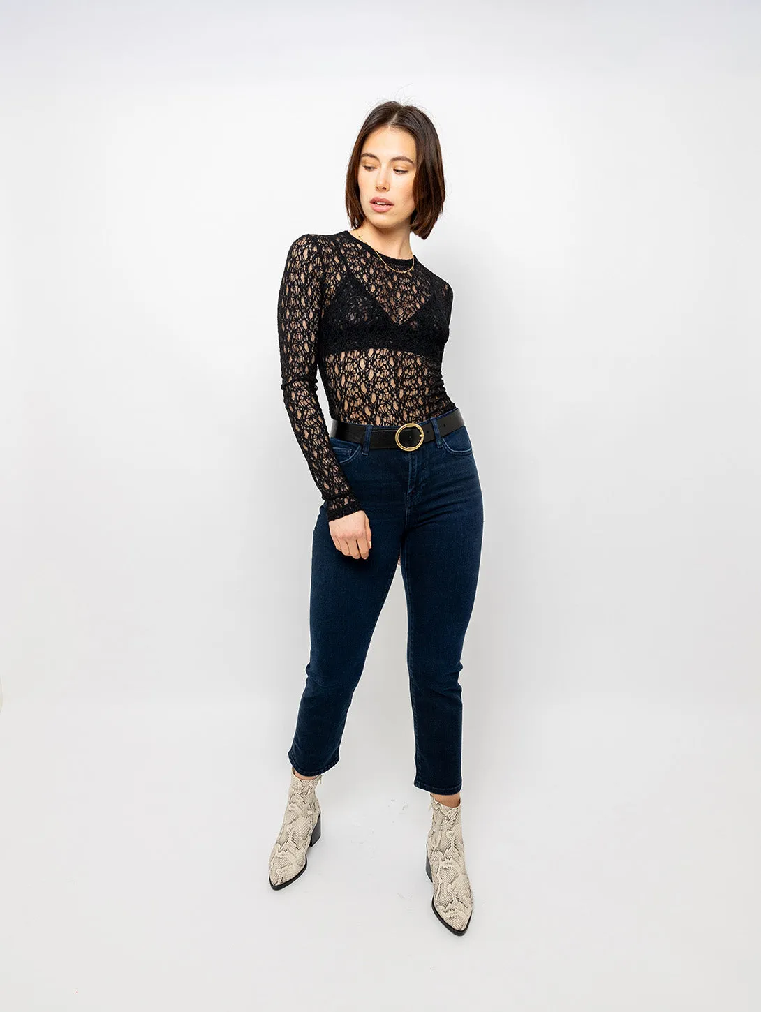 Crewneck Mesh Lace Long Sleeve Top - Black