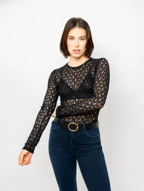 Crewneck Mesh Lace Long Sleeve Top - Black