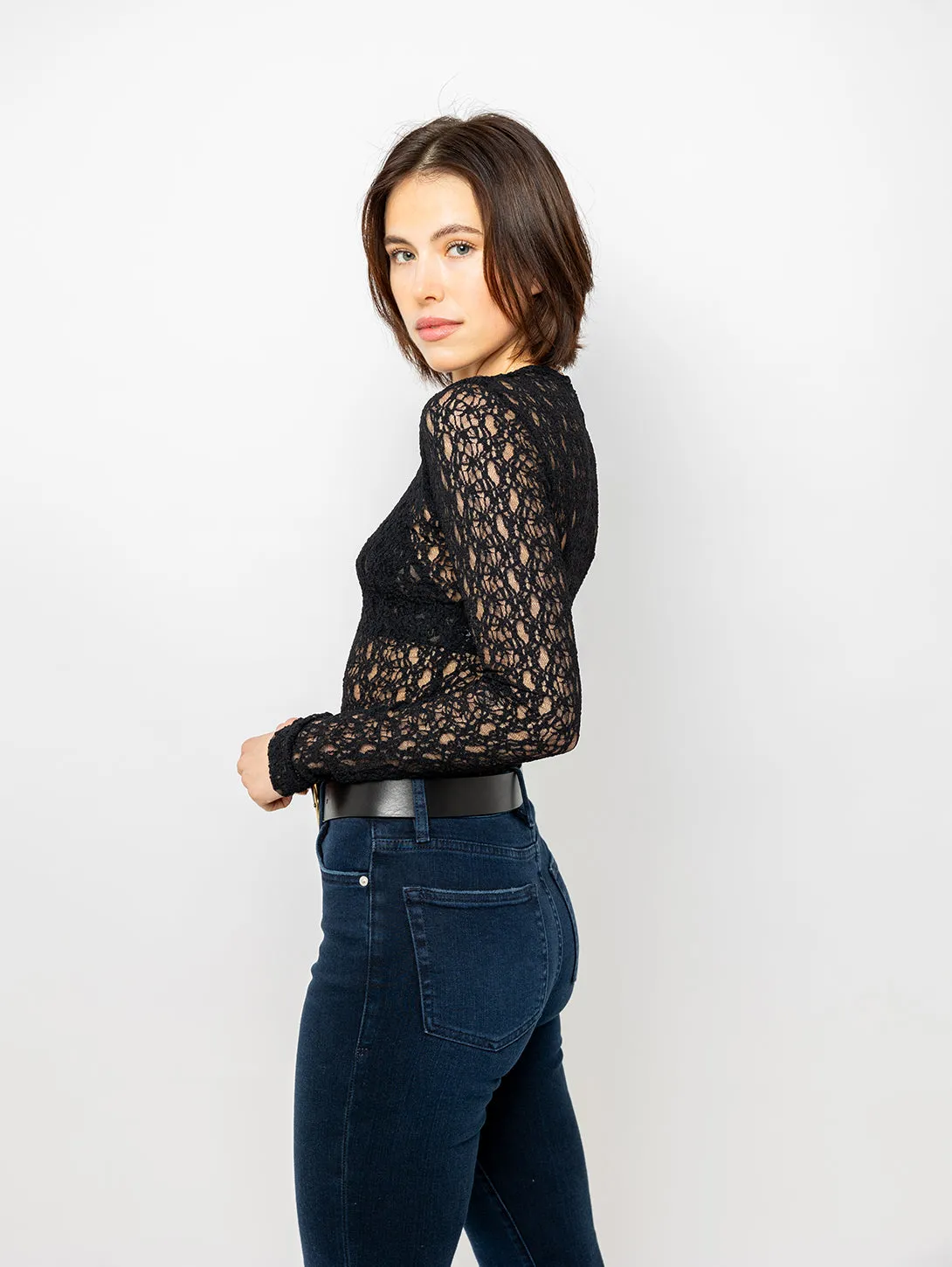 Crewneck Mesh Lace Long Sleeve Top - Black