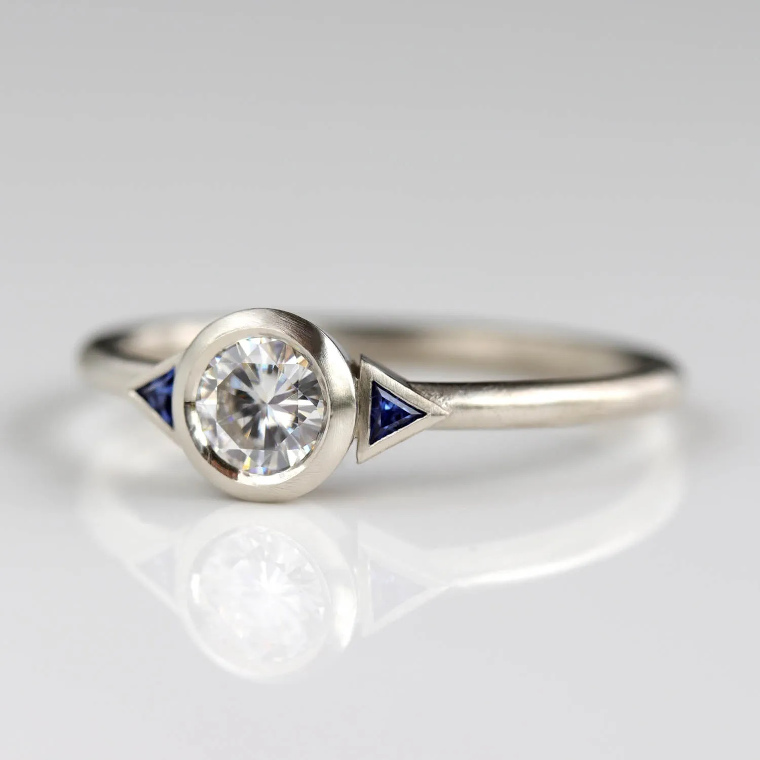 Deco Three Stone Ring with Chatham Lab-grown Light Blue Sapphire accent stones