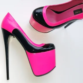 Double Neon Pink Black Gloss High Heel Pumps