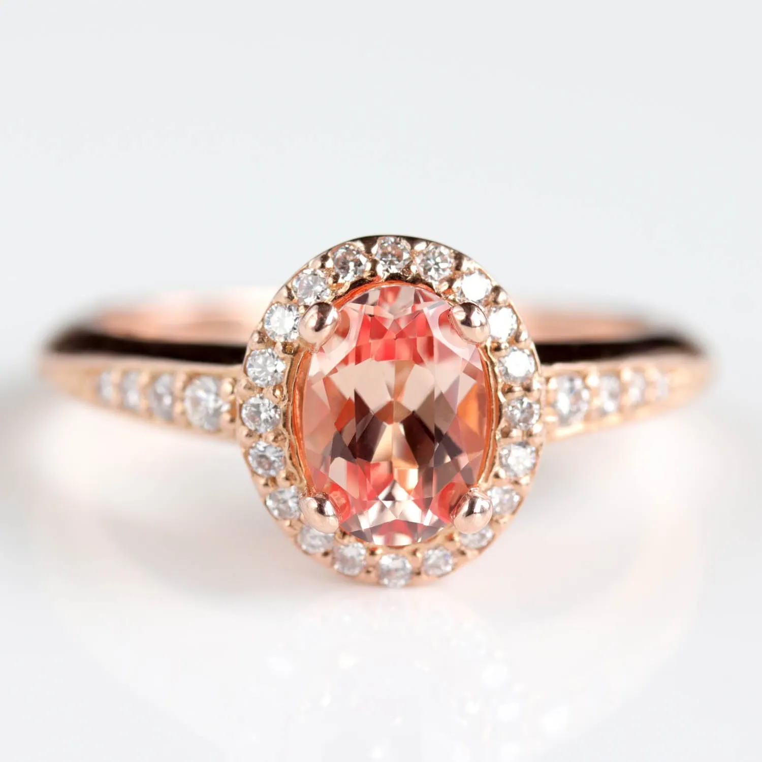 Halo Engagement Ring with Knife-Edge Band with Lab-Grown Chatham Peach Champagne Sapphire