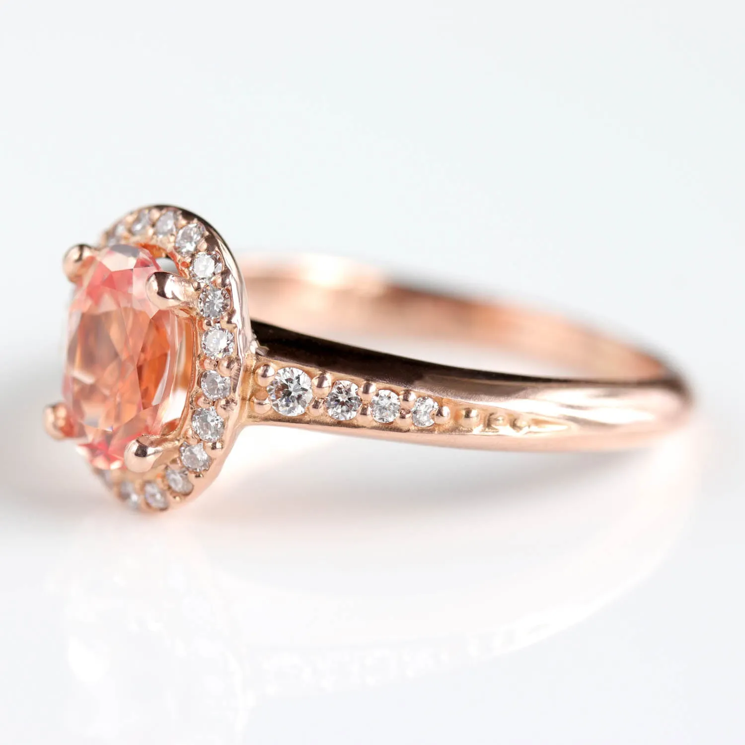 Halo Engagement Ring with Knife-Edge Band with Lab-Grown Chatham Peach Champagne Sapphire