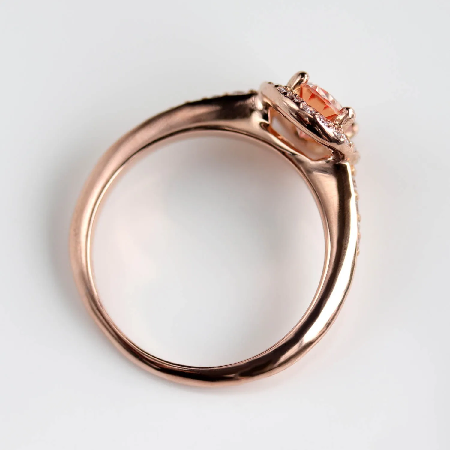 Halo Engagement Ring with Knife-Edge Band with Lab-Grown Chatham Peach Champagne Sapphire