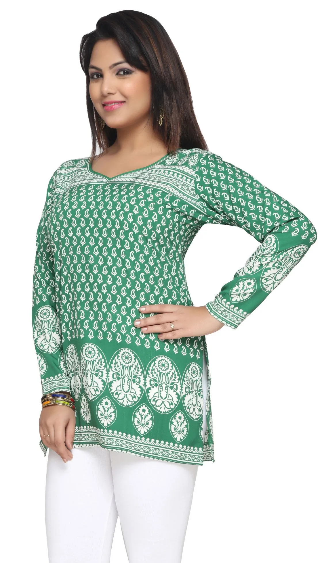 India Short Kurti Women's Kurta Printed Indian Clothing (Green)