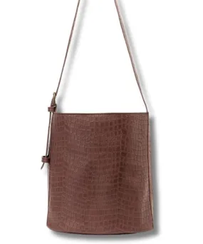 Juan-Jo Women's Brown Croc Embossed Leather Bucket Bag