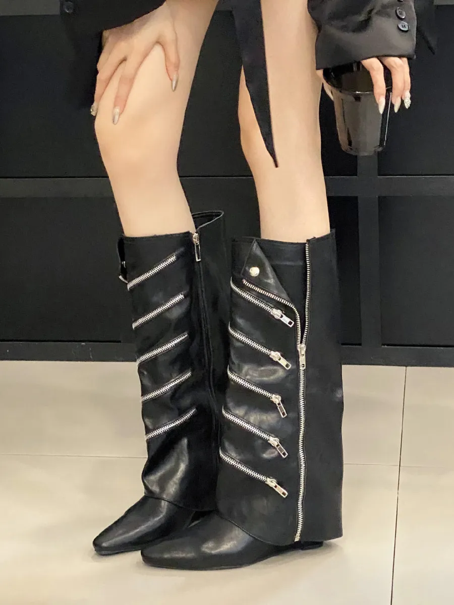 Knee High Boots Women's Black Chain Detail Wedge Heel Knee-High Boots