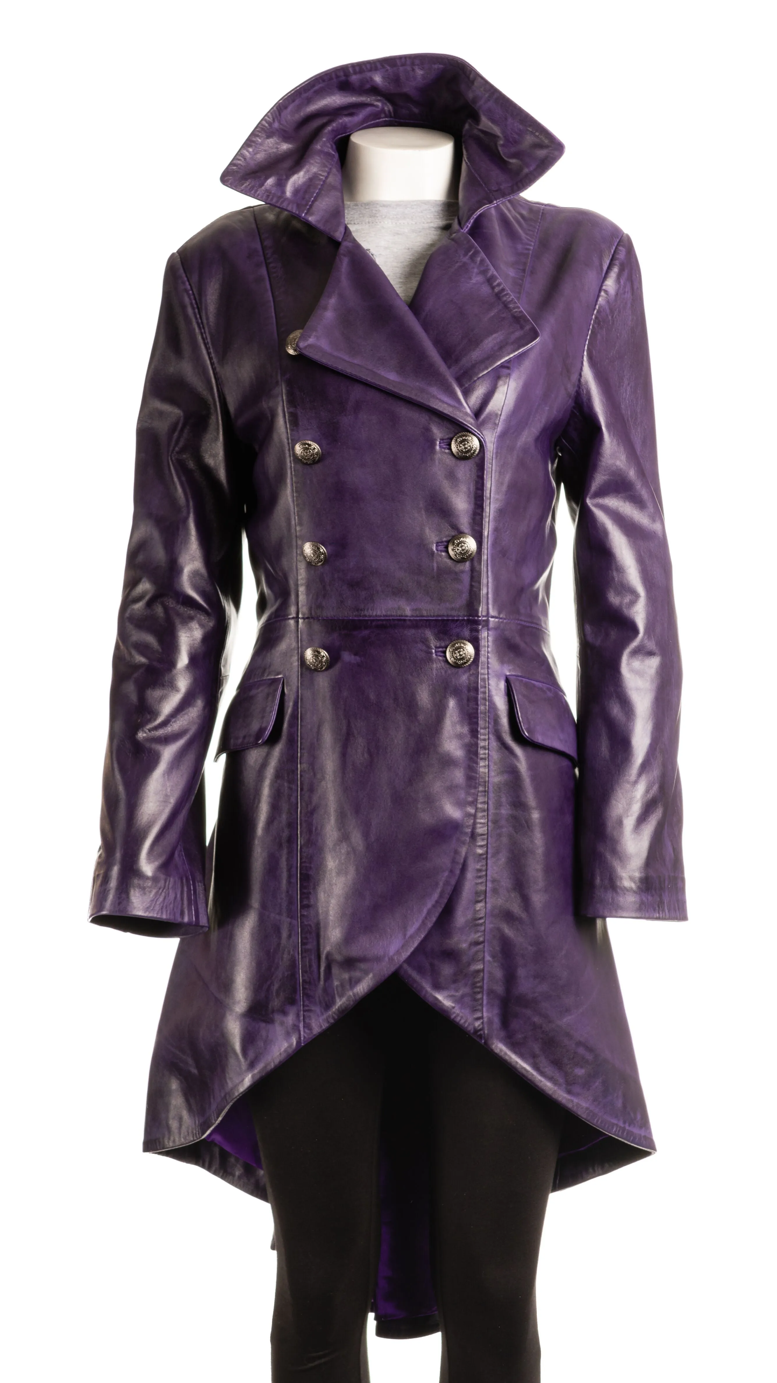 Ladies Purple Leather Dip Hem Double Breasted Edwardian Military Style 3/4 Coat: Alessia