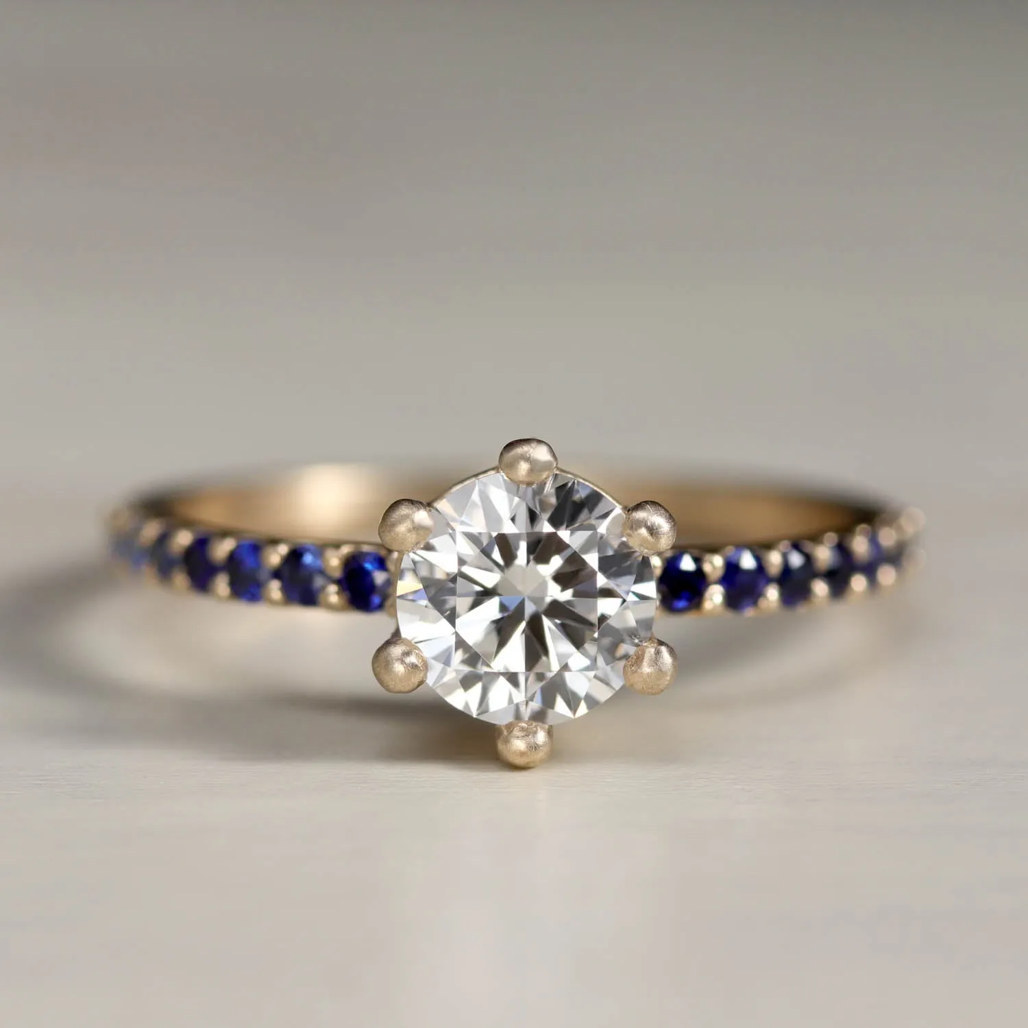 Low Base Six-Prong Pave Solitaire with Chatham sapphires