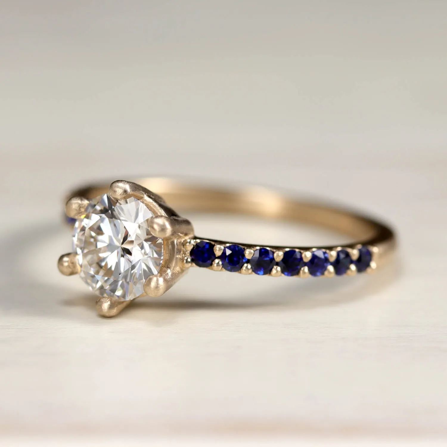 Low Base Six-Prong Pave Solitaire with Chatham sapphires