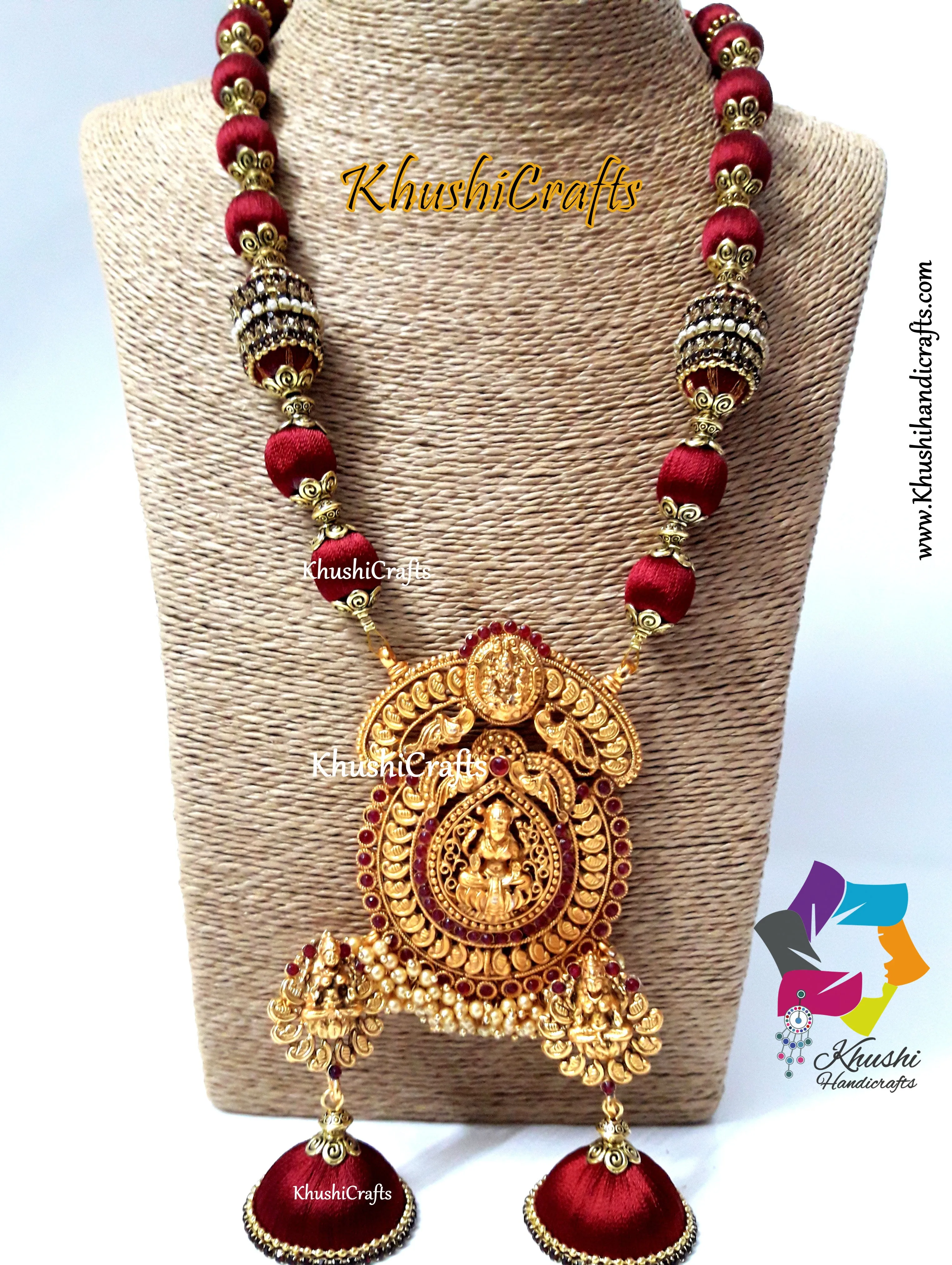 Maroon shaded Silk Thread Jewelry Set with a grand Temple Jewelry Lakshmi Pendant!