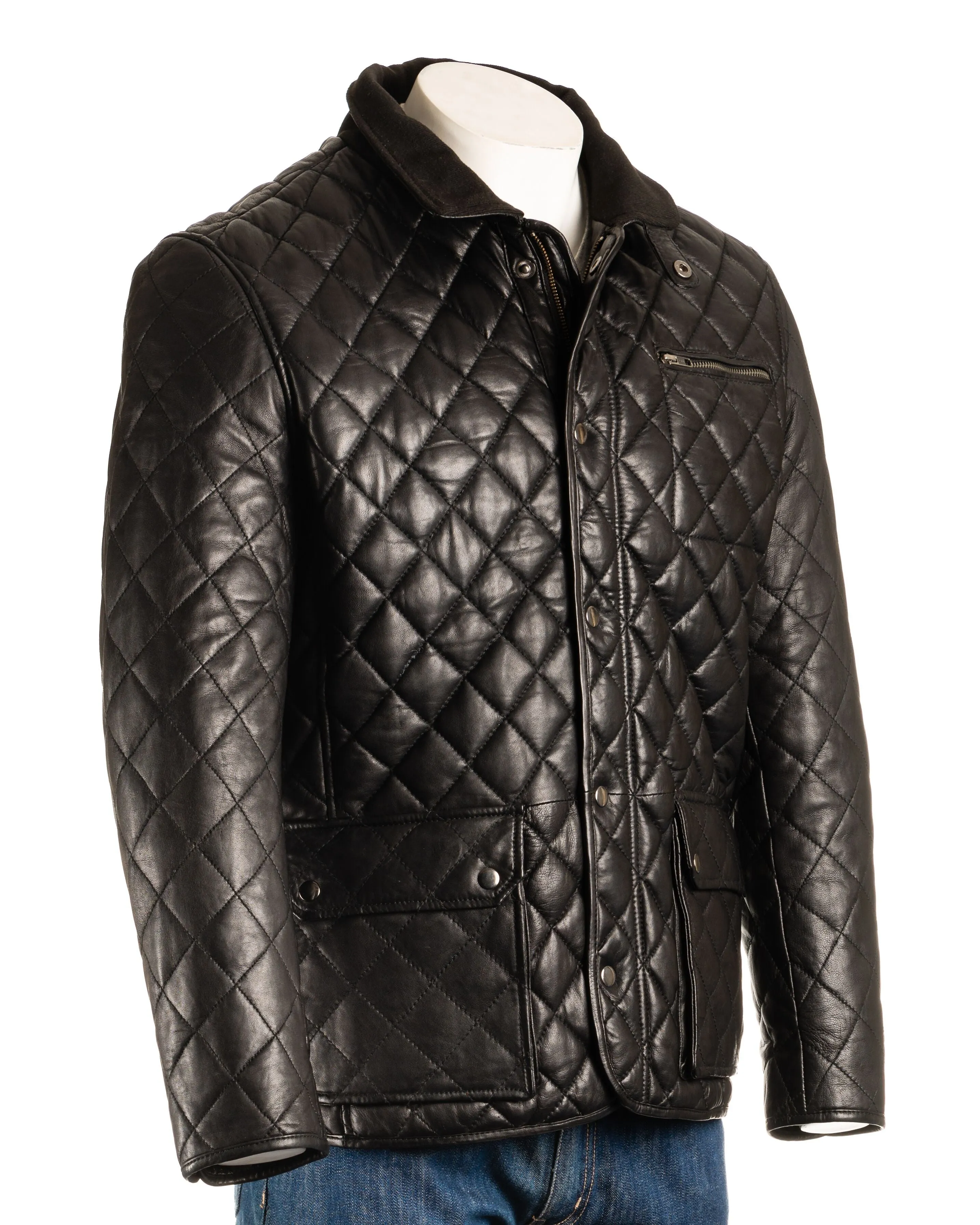 Men's Black Quilted Leather Coat with Diamond Stitch - Javier