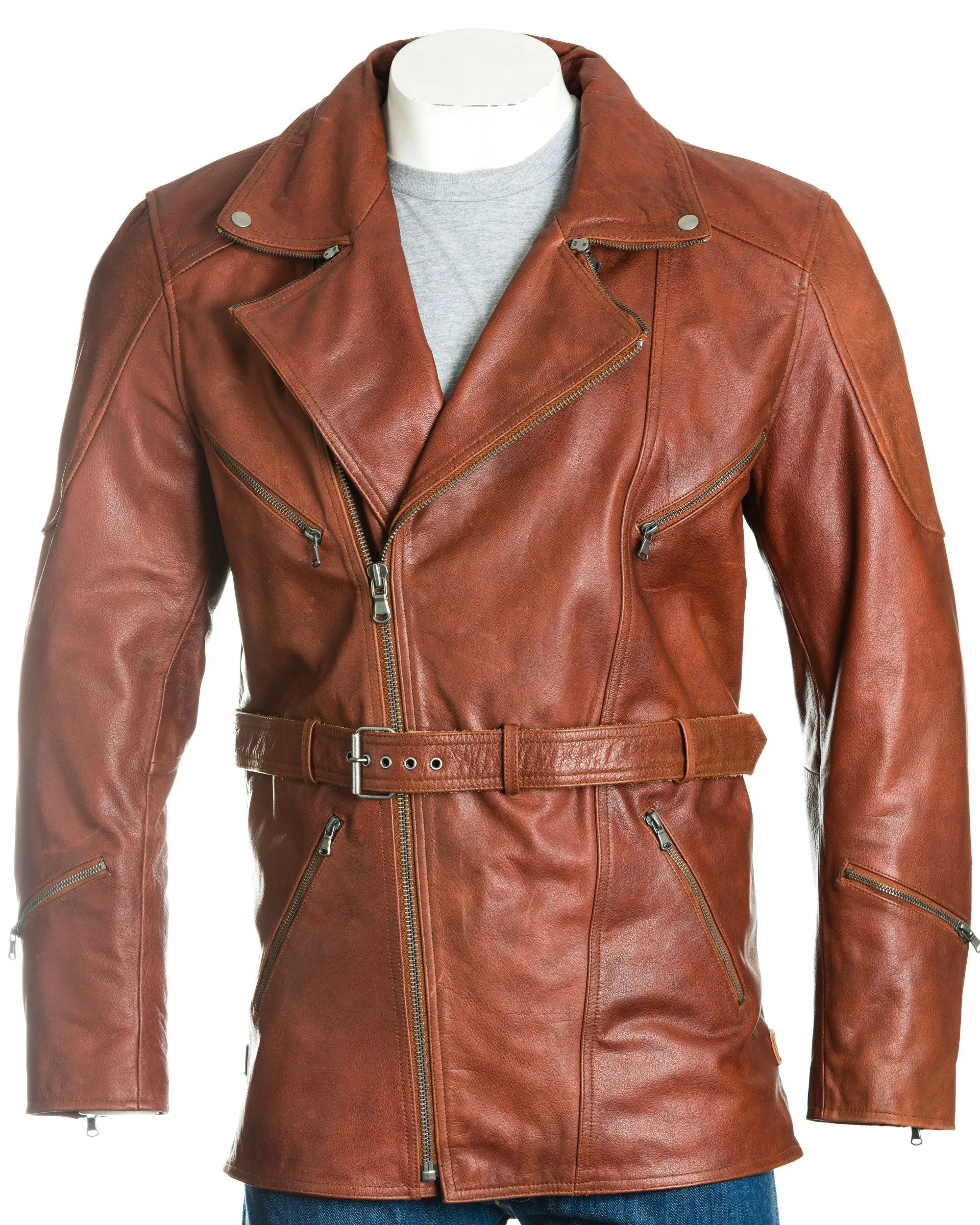 Men's Cognac Belted Soft Cow Hide Armoured Motorbike Coat: Rocco