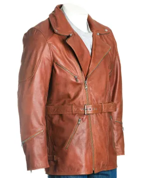 Men's Cognac Belted Soft Cow Hide Armoured Motorbike Coat: Rocco