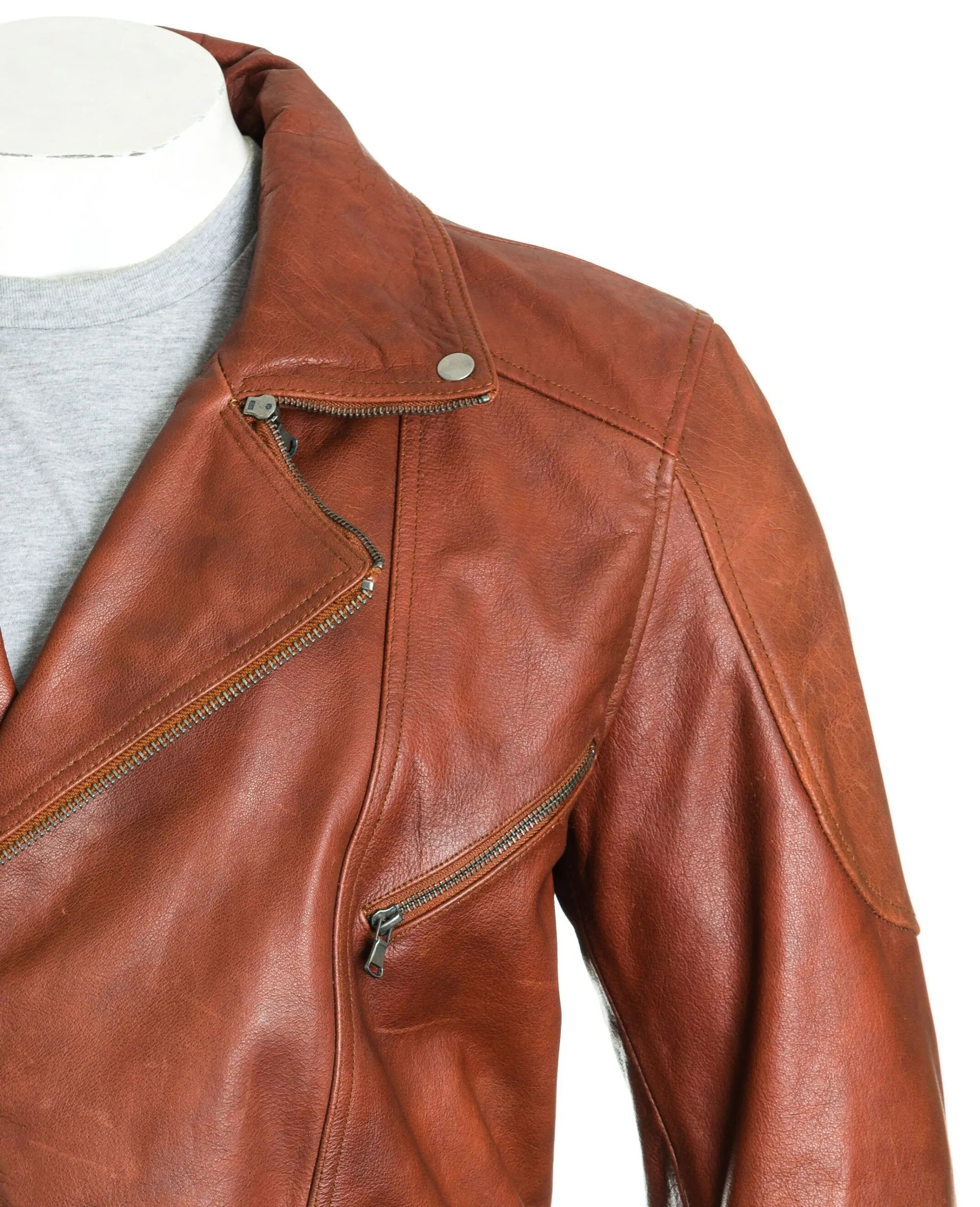 Men's Cognac Belted Soft Cow Hide Armoured Motorbike Coat: Rocco