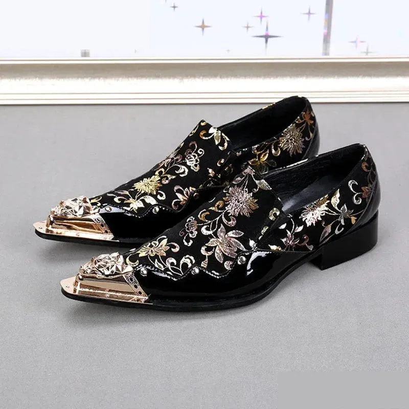 Men's Genuine Leather Golden Floral Printed Handmade Dress Shoes