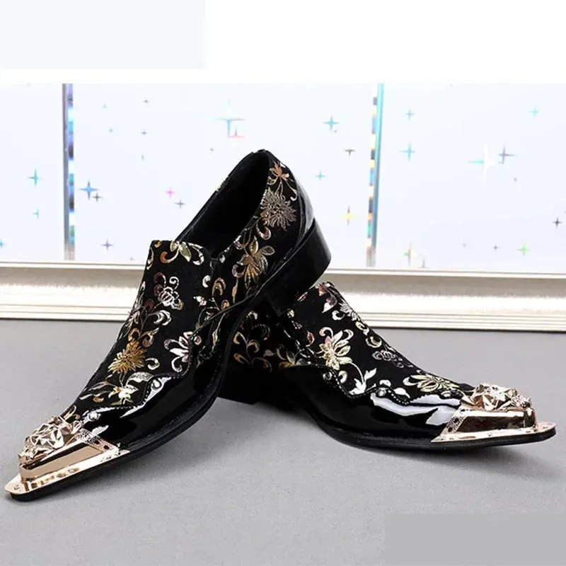 Men's Genuine Leather Golden Floral Printed Handmade Dress Shoes