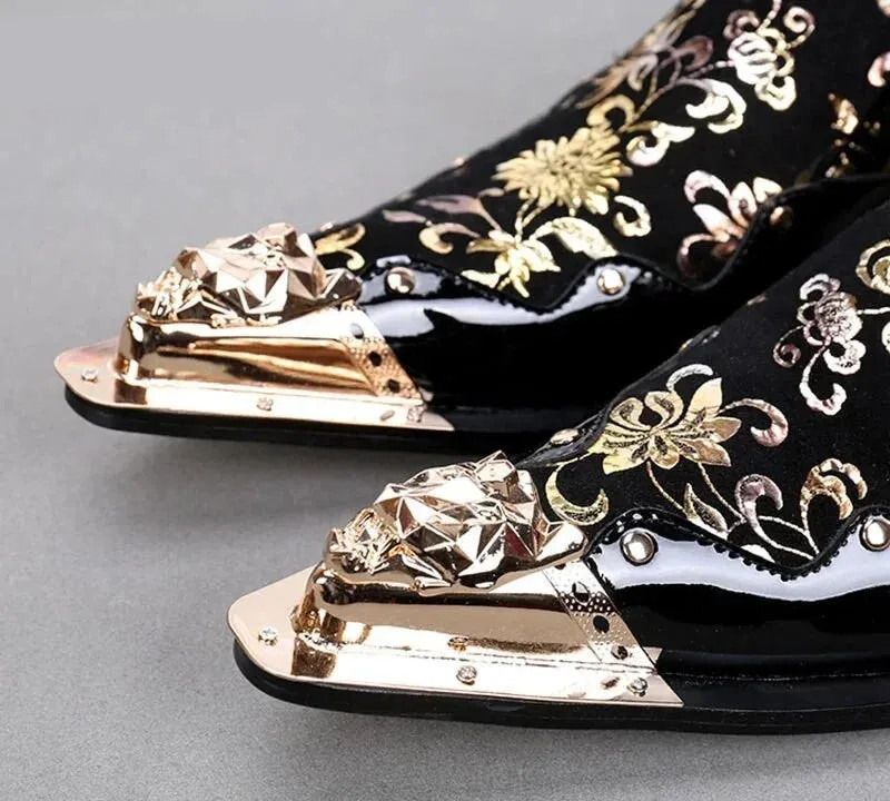 Men's Genuine Leather Golden Floral Printed Handmade Dress Shoes