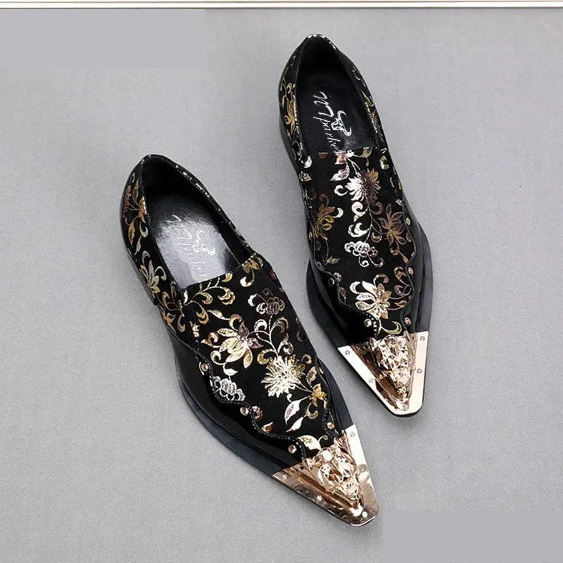 Men's Genuine Leather Golden Floral Printed Handmade Dress Shoes