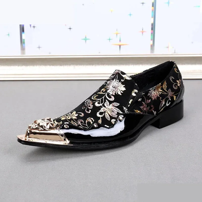 Men's Genuine Leather Golden Floral Printed Handmade Dress Shoes